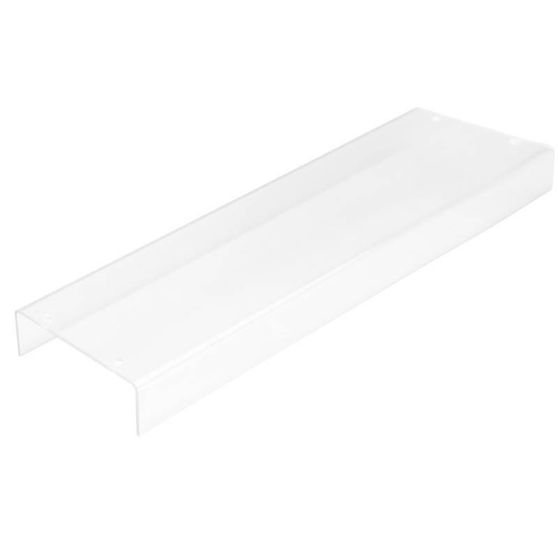 Ein klares, rechteckiges Acrylregal mit glatten Kanten und ohne sichtbare Befestigungselemente, das für minimalistische Aufbewahrung oder Präsentation konzipiert ist.