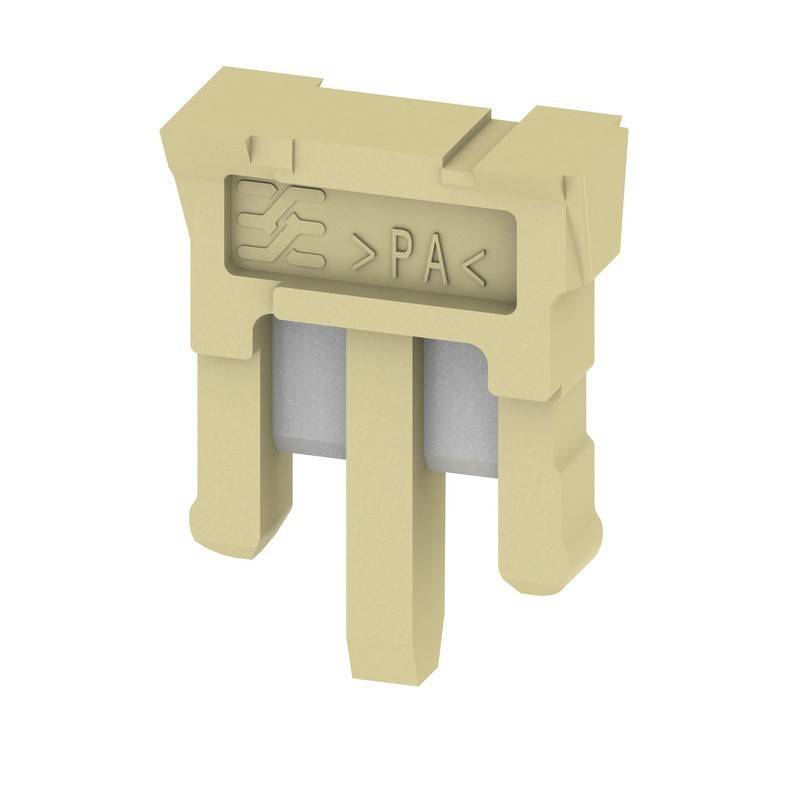 Ein beige, zweiadrige elektrische Anschluss mit einem geprägten Pfeil und dem Text '>PA' auf seiner Oberfläche, was auf Funktionalität oder Spezifikation hinweist.
