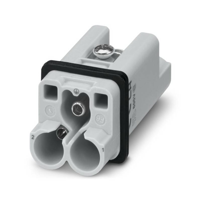 Ein grauer, rechteckiger elektrischer Verbinder mit drei runden Buchsen, die mit '1', '2' beschriftet sind, und einer Befestigungsvorrichtung oben zum Sichern.