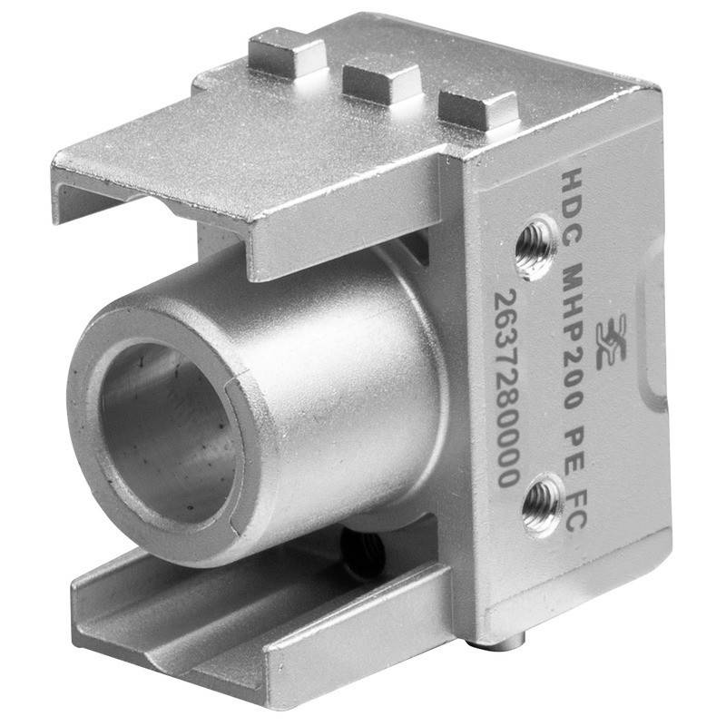 Eine Metallhydraulikkomponente mit einer zylindrischen Öffnung, an deren Seite 'HDC MHP200 PE FC 2637280000' beschriftet ist, mit Montagebefestigungen.