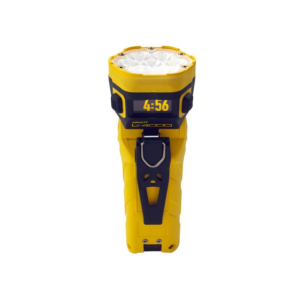Eine gelbe und blaue Taschenlampe mit einem digitalen Display, das '4:56' zeigt. Die Taschenlampe hat ein schlankes Design und einen strukturierten Griff.
