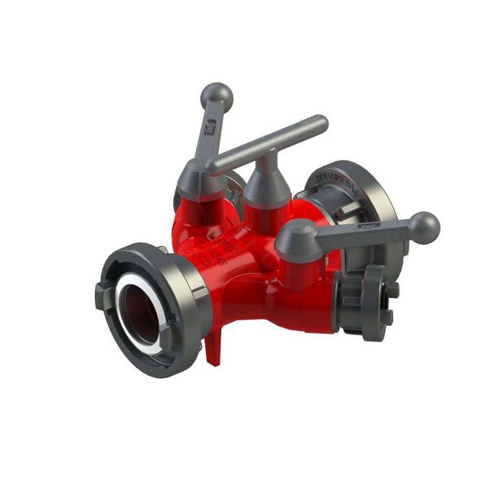 Ein roter Mehrzweck-Feuerwehrschlauch-Verbinder mit Metallarmaturen und Hebeln zur Steuerung des Wasserflusses.