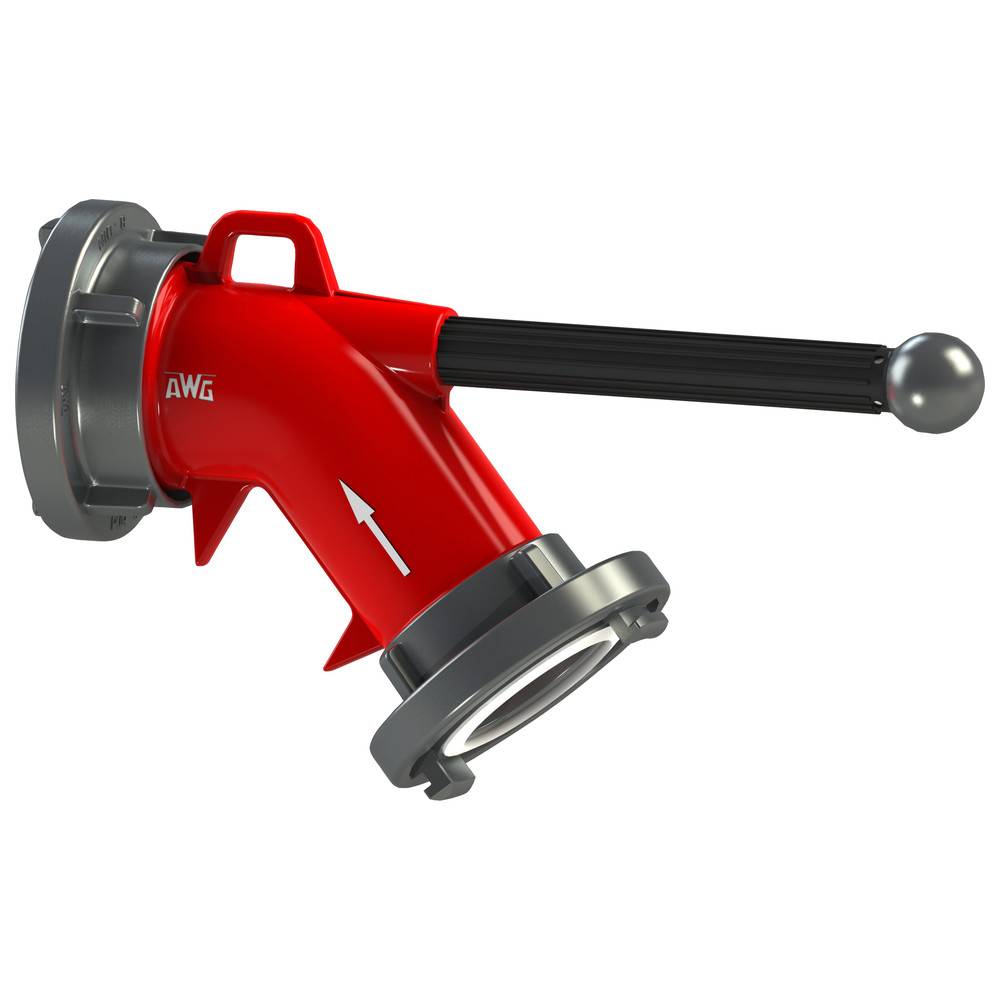 Eine rote Feuerwehr-Löschdüse mit schwarzem Griff und silbernen Anschlüssen ist abgebildet, die für die Kontrolle des Wasserflusses während Feuerwehreinsätzen konzipiert ist.