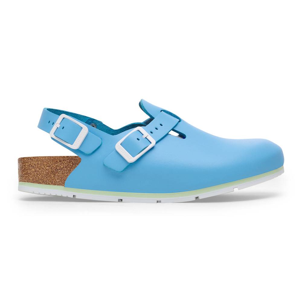 Eine Seitenansicht eines blauen Clog-Sandals mit zwei Riemen und einer Korkfußbett. Der Sandale hat eine flache, hellgefärbte Sohle und verstellbare weiße Schnallen.