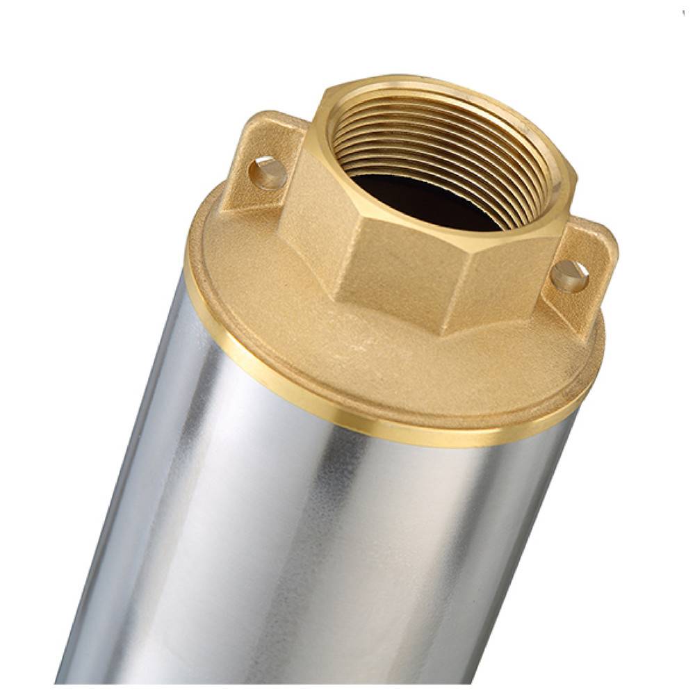 Ein metallisches Wasserfiltergehäuse mit einem verschraubbaren Messingoberrand und gesicherten Befestigungslöchern, konzipiert für den Anschluss an Rohrleitungssysteme.