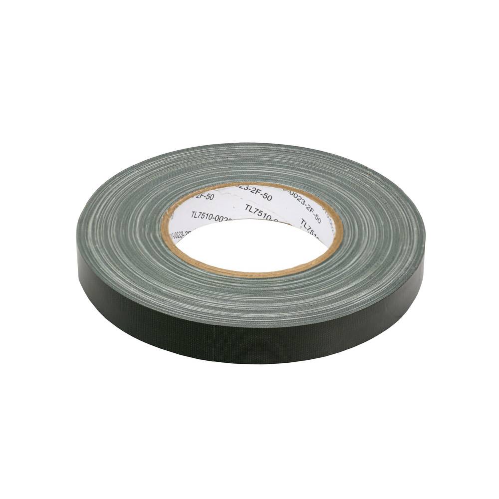 Eine Rolle schwarzes Klebeband mit einem weißen Innenkern, gegen einen einfarbigen Hintergrund präsentiert.