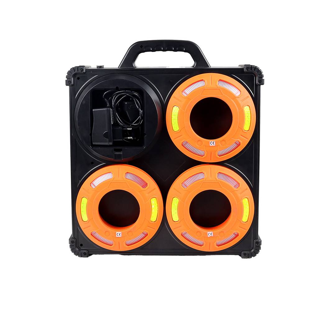 Eine Kunststoff-Aufbewahrungsbox mit Griff enthält vier orangefarbene Kabeltrommel und ein Fach für Zubehör.