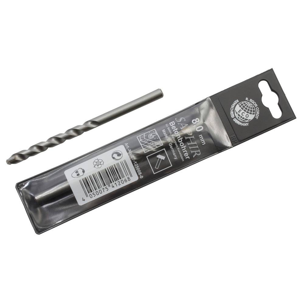 Ein Metallbohrer neben seiner Verpackung. Die Packung zeigt eine Beschriftung mit '8,0 mm' und einen Strichcode, was auf Größe und Verwendungsdetails hinweist.