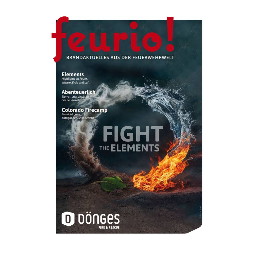 Poster für 'feurio!'-Magazin zeigt 'Kämpfe gegen die Elemente' mit Darstellung eines Zusammenpralls von Wasser und Feuer. Text unten: 'Dönges Feuerwehr & Rettung'.