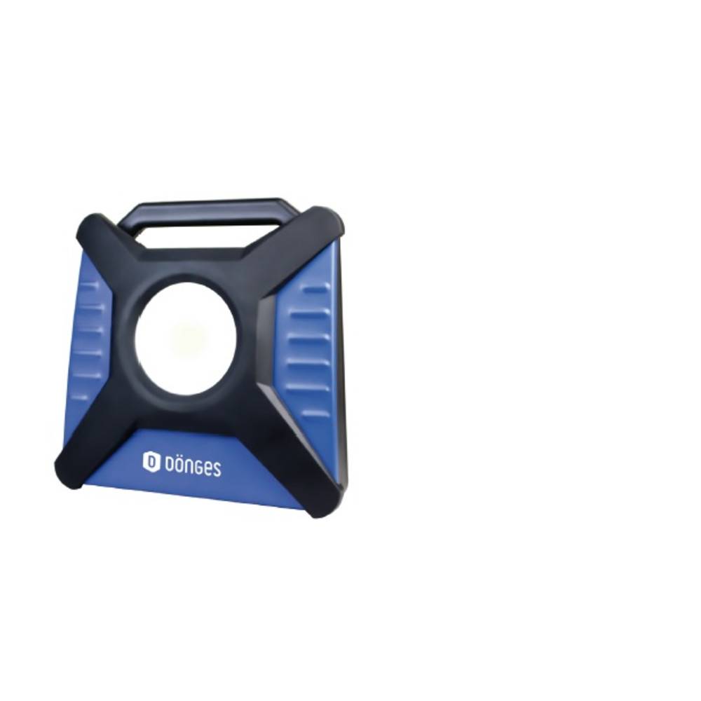 Eine blaue und schwarze tragbare LED-Arbeitsleuchte mit Griff. Der Markenname 'Dönges' ist auf der Vorderseite angebracht.