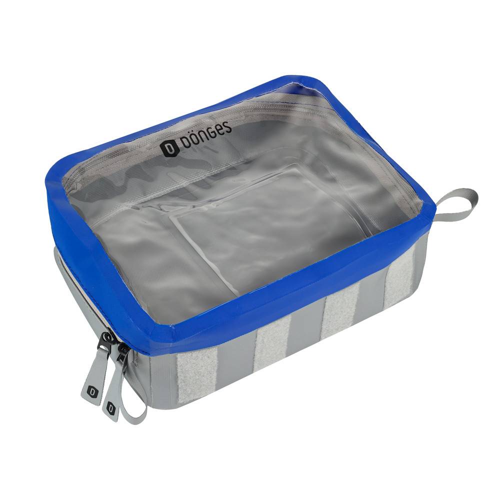 Eine blaue und graue rechteckige Reisetasche mit transparentem Deckel, ausgestattet mit einem Reißverschluss und einem kleinen Griff an einer Seite.