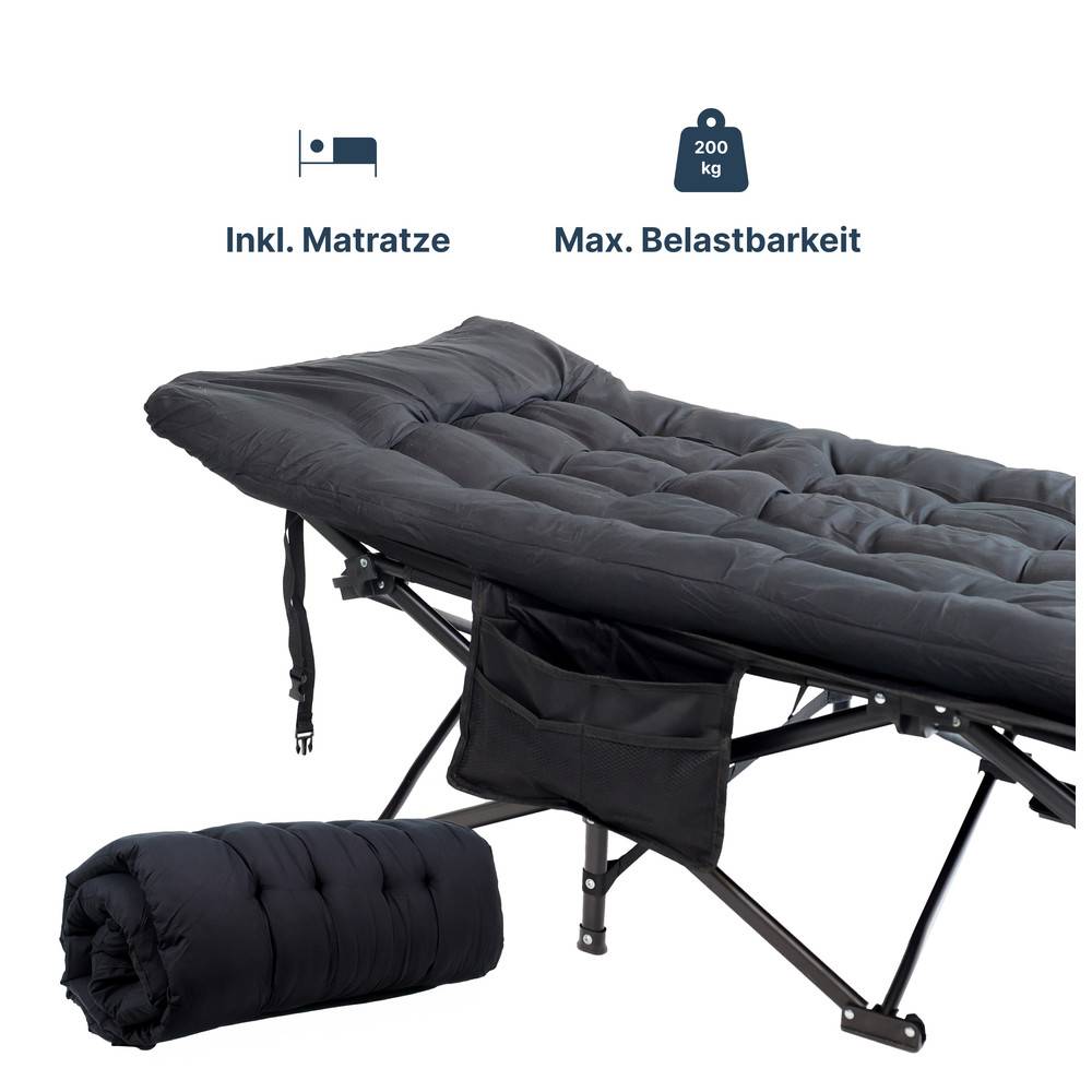 Ein tragbares, faltbares Bett mit einer dicken Matratze und Seitentasche, das bis zu 200 kg unterstützt, in Schwarz mit aufgerollter Matratze dargestellt.