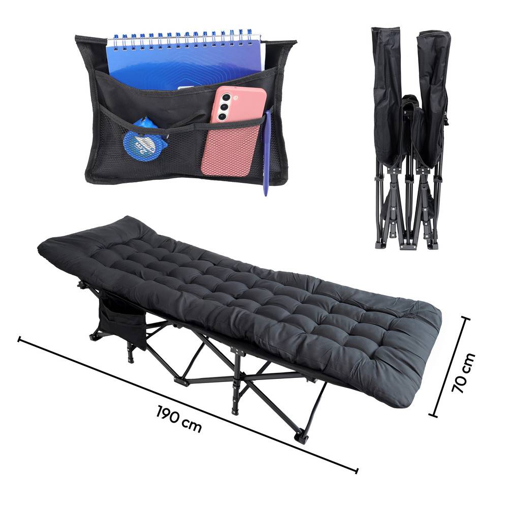 Ein faltbares Campingbett mit einer Tasche, die ein Notizbuch und ein Smartphone aufnimmt. Die Abmessungen betragen 190 cm Länge und 70 cm Breite.