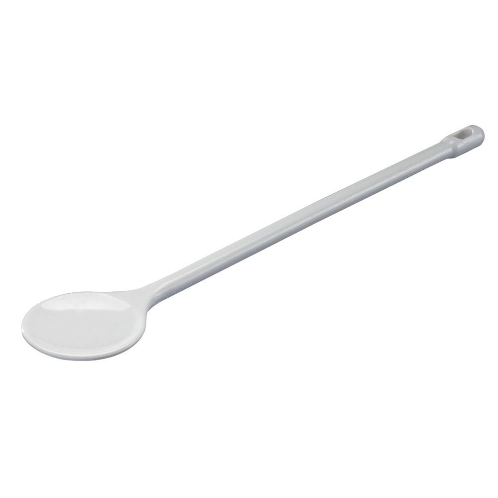 Ein langer weißer Keramiklöffel mit einem runden, flachen Ende, geeignet zum Rühren und Servieren, der vor einem einfarbigen Hintergrund abgebildet ist.