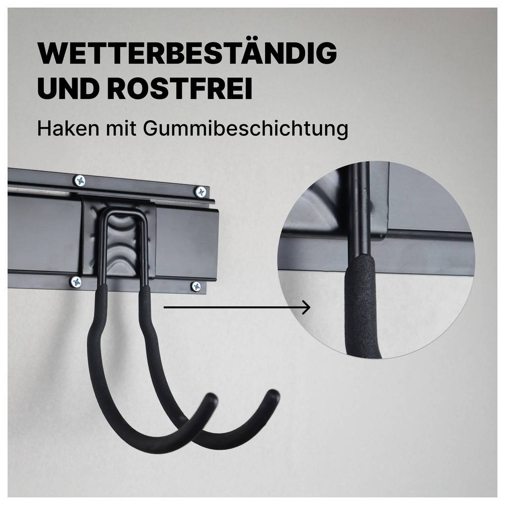 Ein schwarzer Metallwandhaken mit Gummibeschichtung wird als 'wetterbeständig und rostfrei' und 'Haken mit Gummibeschichtung' beschrieben.