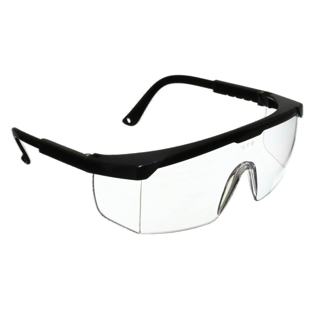 Schutzbrille mit klaren Gläsern und schwarzem Rahmen. Entwickelt zum Schutz der Augen vor Splittern und Stößen, geeignet für Labor- oder Werkstattbenutzung.