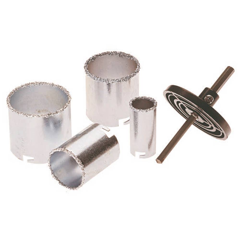 Satz Silber-Lochsägeaufsätze in verschiedenen Größen, mit Aufnahme zum Befestigen an einem Bohrgerät. Verwendet zum Schneiden von Löchern in verschiedenen Materialien.