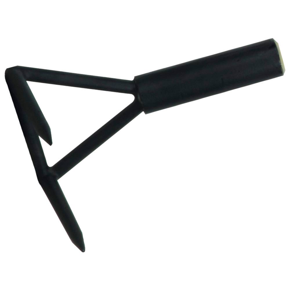 Eine schwarze Metallpfeilspitze vom Typ Broadhead mit drei fest montierten Klingen, die in einer dreieckigen Form angeordnet sind.