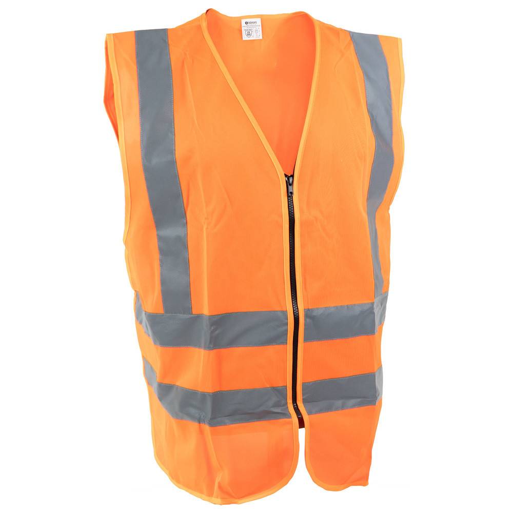 Eine orangefarbene Sicherheitsweste mit grauen reflektierenden Streifen, entwickelt für bessere Sichtbarkeit bei schlechten Licht- oder gefährlichen Bedingungen.