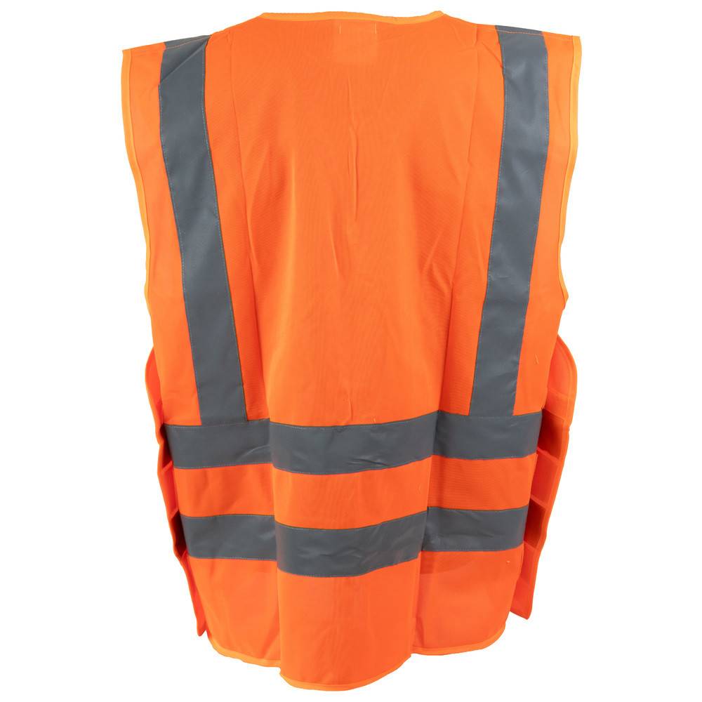 Eine orangefarbene Sicherheitsweste mit reflektierenden grauen Streifen, die typischerweise zur Sichtbarkeit bei Bau- oder Straßenarbeiten verwendet wird.
