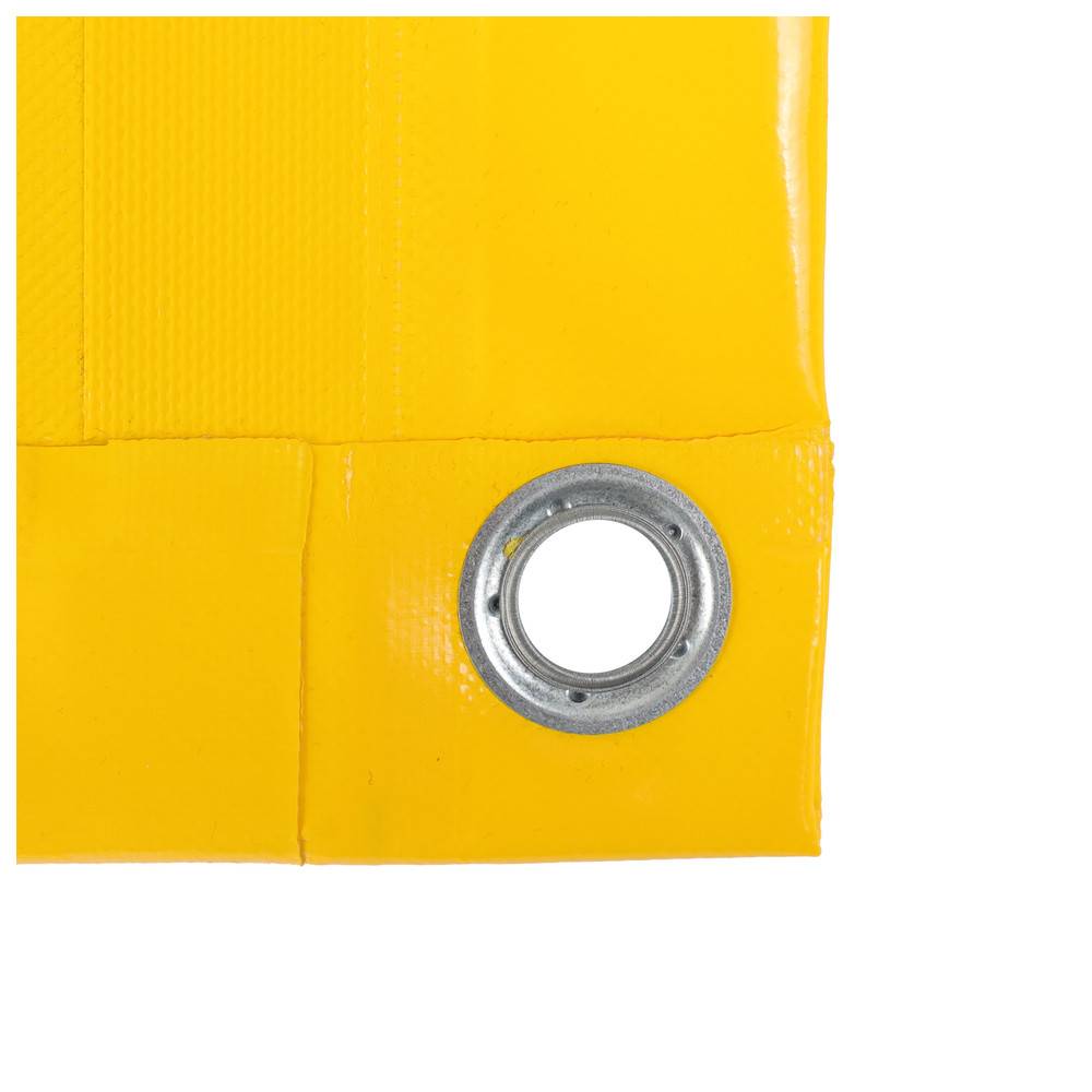 Eine helle gelbe Plane mit einer Metallöse in der Ecke.