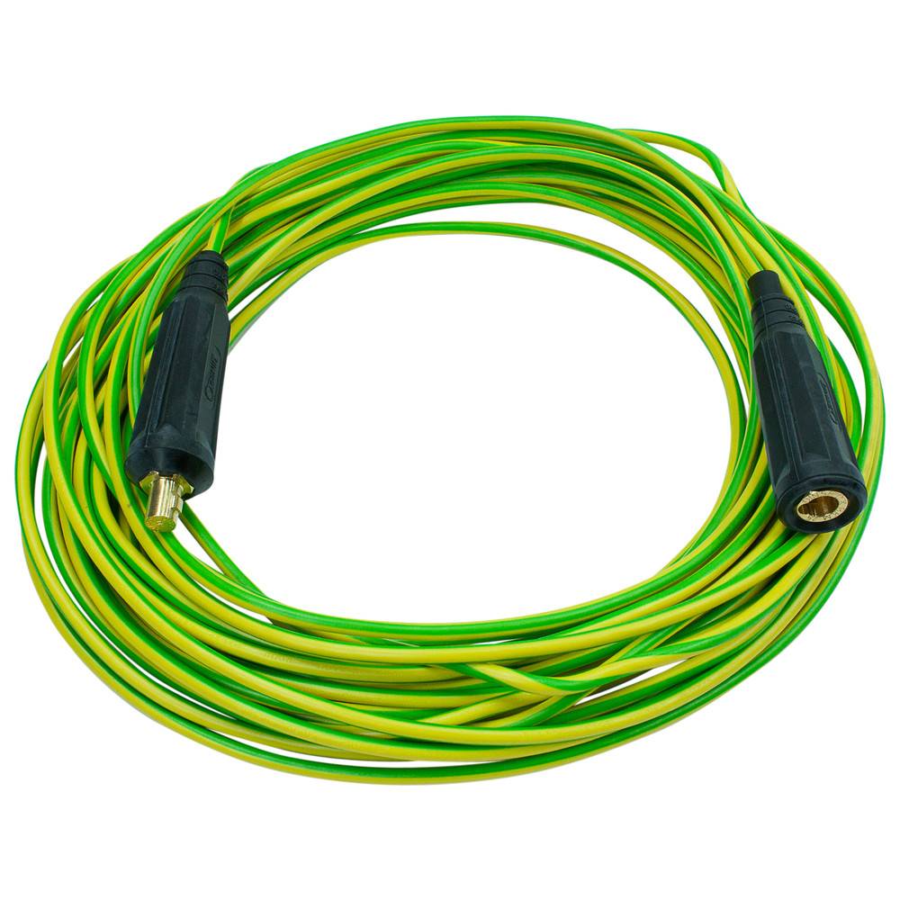 Ein langes grünes und gelbes Kabel, das mit schwarzen Anschlüssen an beiden Enden aufgewickelt ist, wird für die elektrische Erdung verwendet.