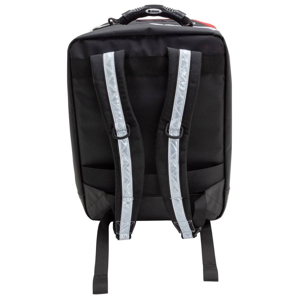 Schwarzer Rucksack mit reflektierenden Trageriemen für erhöhte Sichtbarkeit, ausgestattet mit gepolsterten Schulterträgern und verstellbaren Schnallen für optimalen Komfort und perfekte Passform.