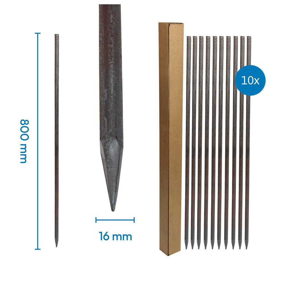 Satz von 10 Metallherringen, 800 mm lang, 16 mm breit, in Verpackung dargestellt. Zum Befestigen von Strukturen. Enthält Maßangaben.