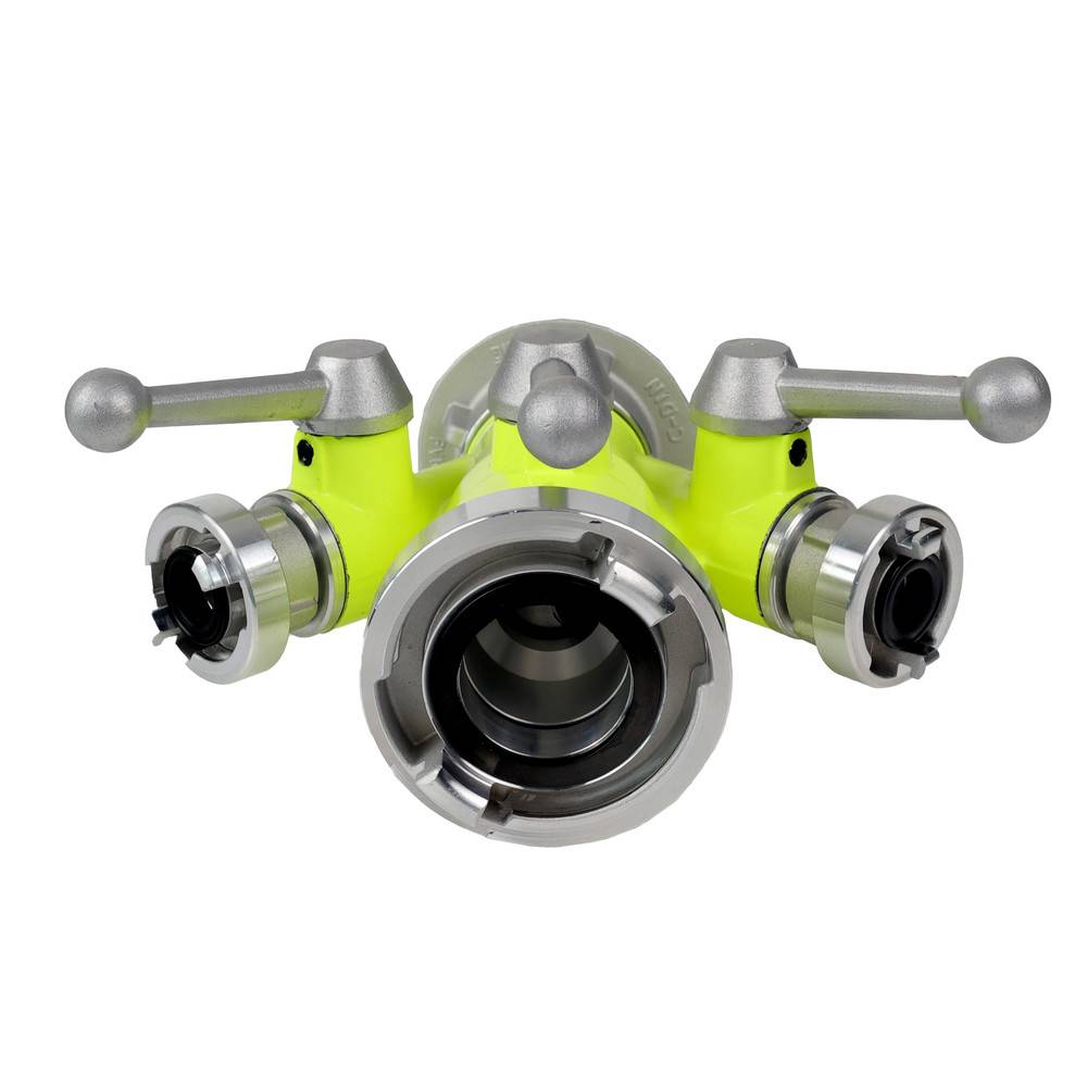 Ein grünes industrielles Ventil mit drei Hebeln und einer zentralen Öffnung, entwickelt für die Fluidsteuerung in technischen Anwendungen.