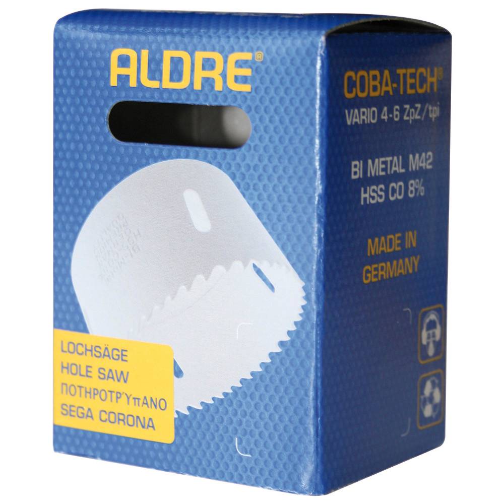 Eine blaue Box für ein ALDRE Coba-Tech Lochsäge-Produkt, das Produktdetails in mehreren Sprachen anzeigt, einschließlich 'Made in Germany'.