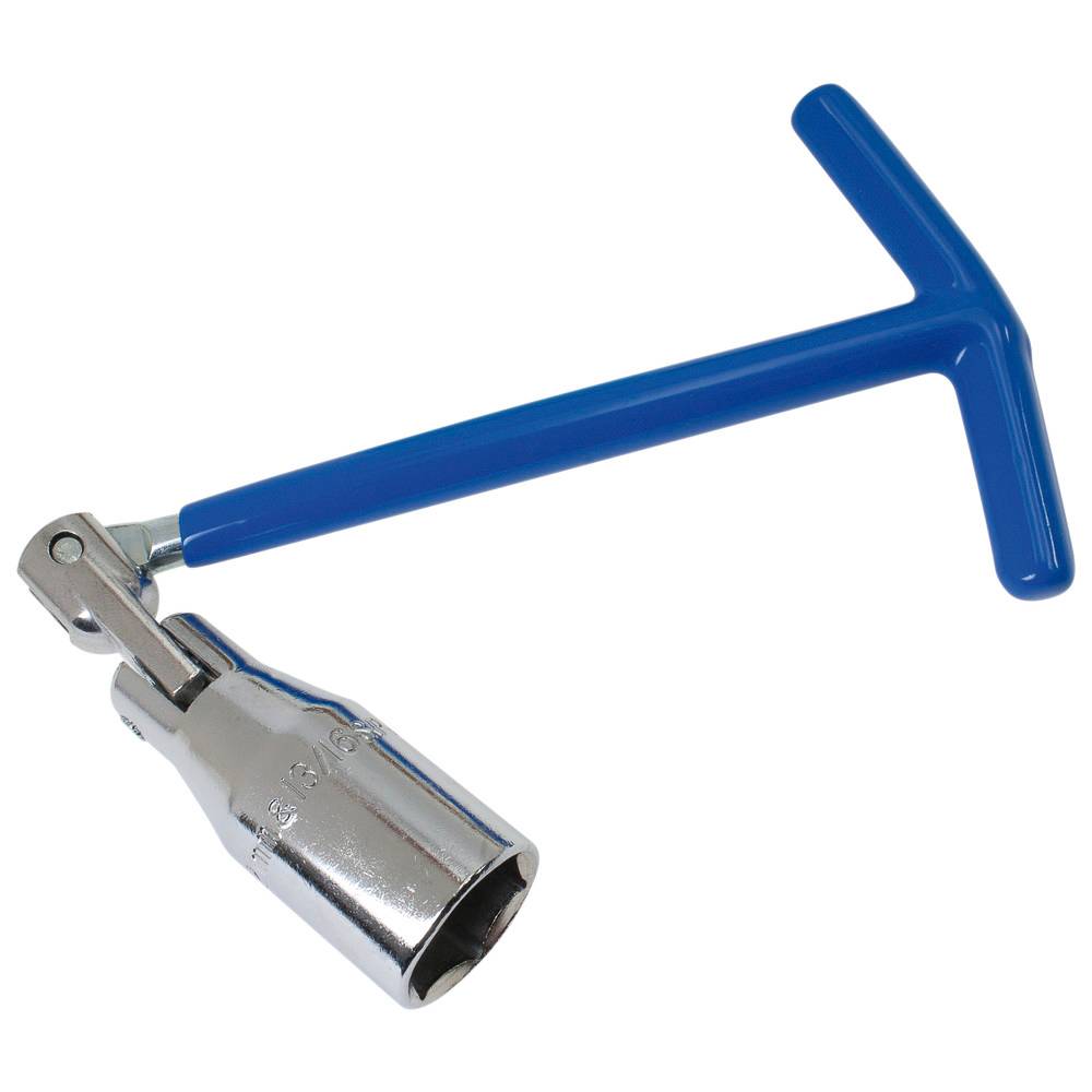 Ein T-förmiger Zündkerzenschlüssel mit blauem Griff und einer schwenkbaren Aufnahme, der zum Einsetzen oder Entfernen von Zündkerzen in Motoren verwendet wird.