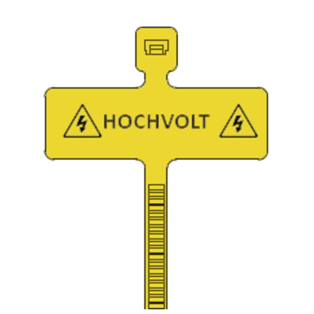 Gelbes Warnschild mit 'HOCHVOLT'-Text und elektrischen Gefahrensymbolen, die eine Hochspannung anzeigen.