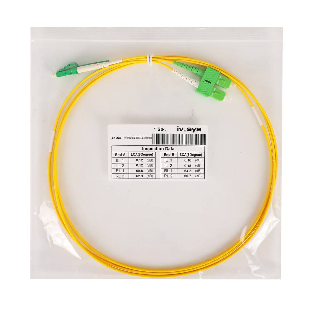 Ein gelbes Glasfaser-Patchkabel mit grünen Steckern umrahmt ein weißes Etikett, das 