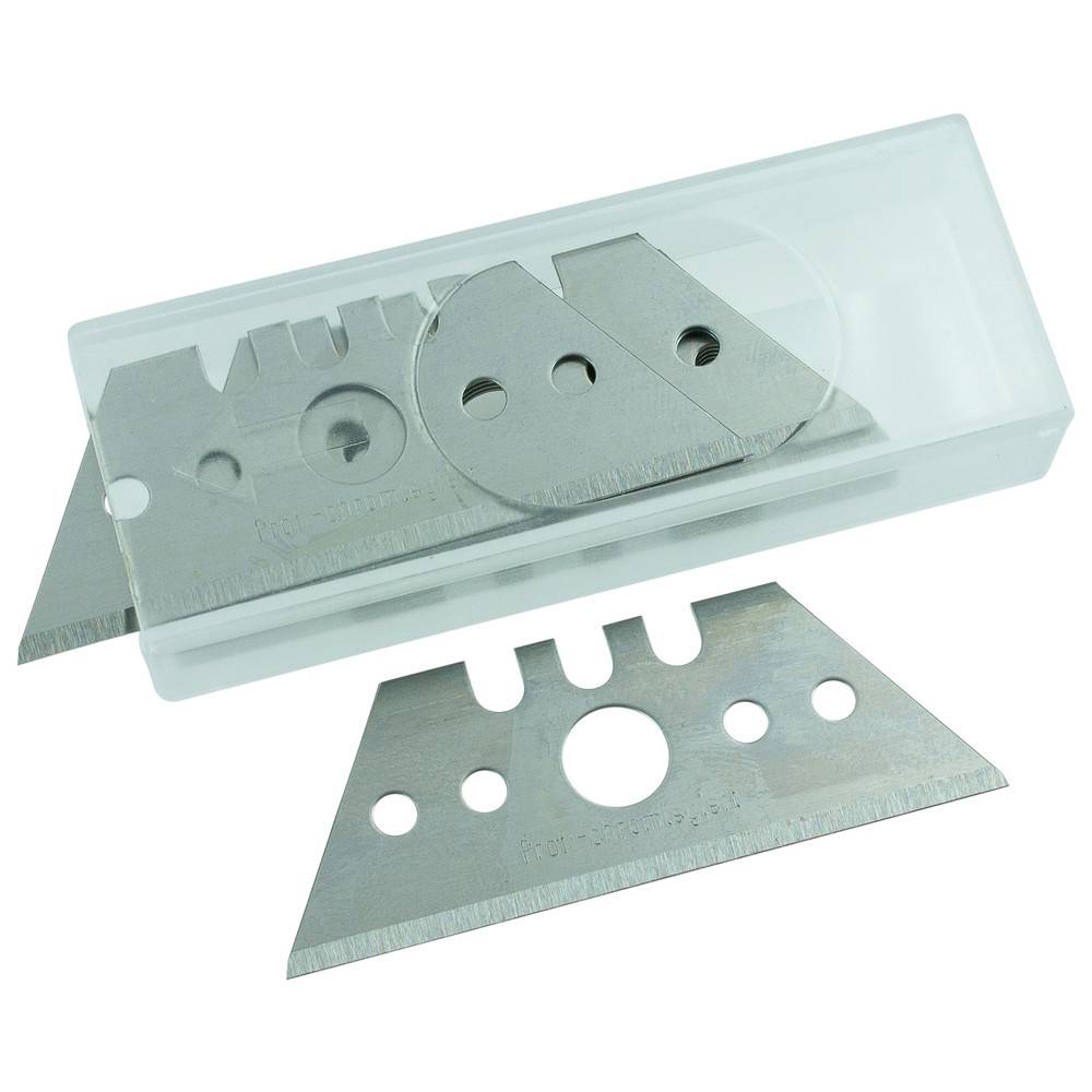 Ein Satz verschiedener Universalmesserklinge, einschließlich Trapez- und runder Formen, präsentiert in einer transparenten Aufbewahrungsbox.