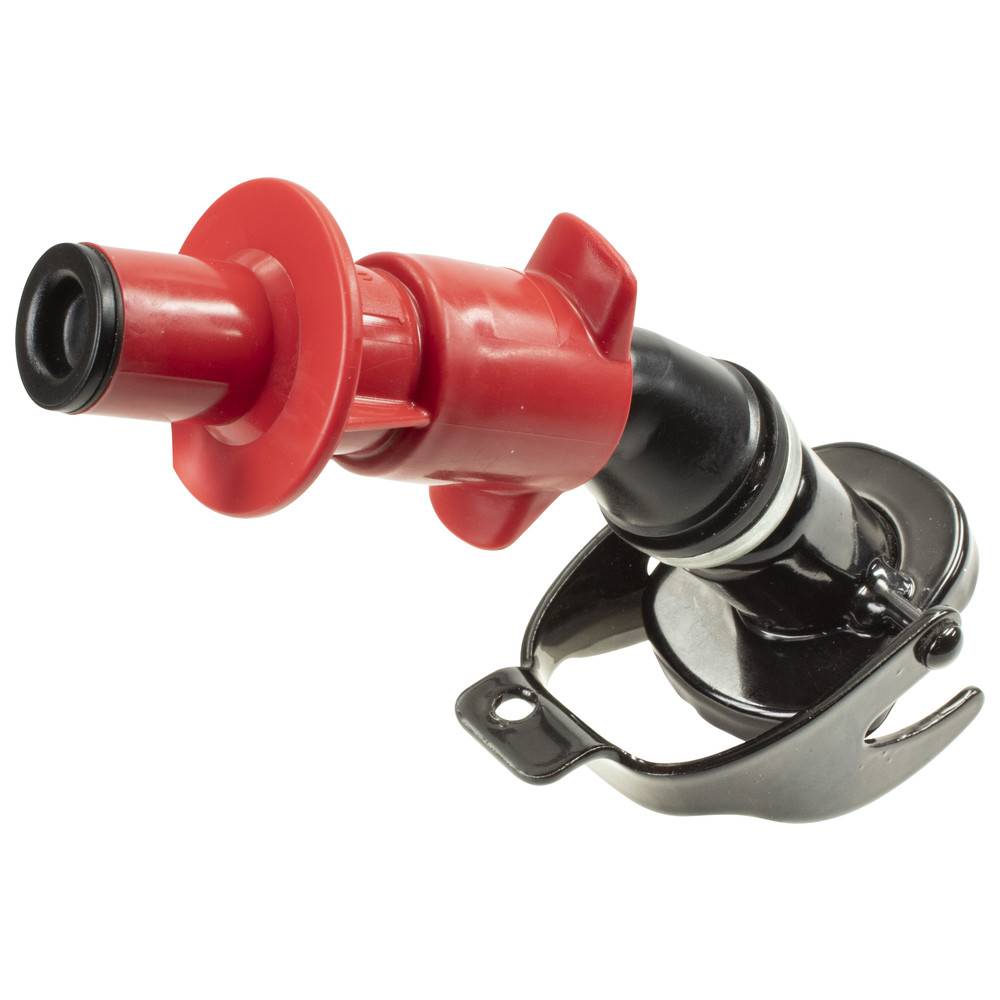 Ein roter und schwarzer Pumpen-Zapfhahn mit einem Hebel zum Ausgeben von Flüssigkeiten, ausgestattet mit einer sicheren Clip-on-Befestigung, die für die Verwendung an Fässern oder Behältern entwickelt wurde.