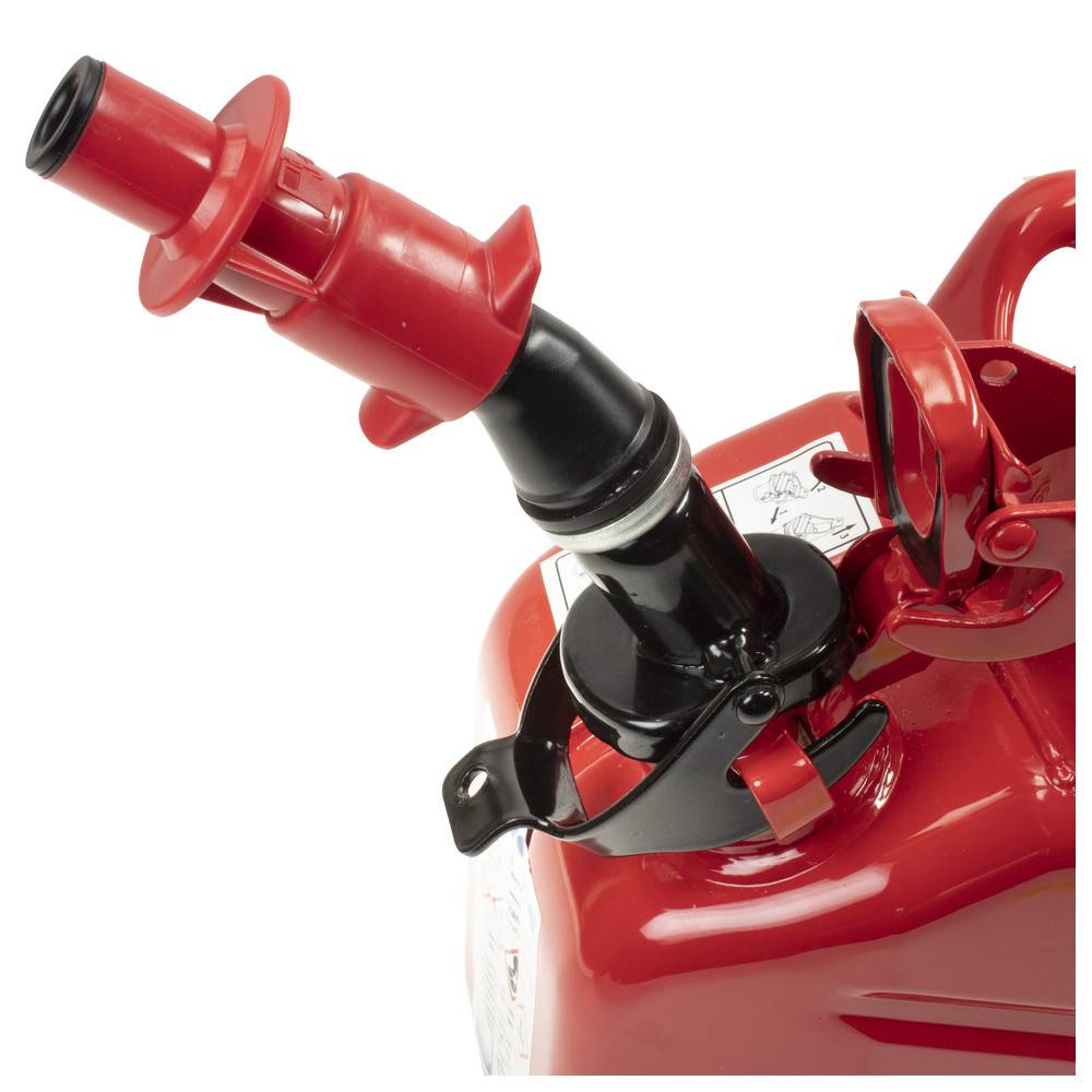 Ein roter Benzinkanister mit Ausgießer und Sicherheitsverschluss, konzipiert für mobile Kraftstoffaufbewahrung und -transport.