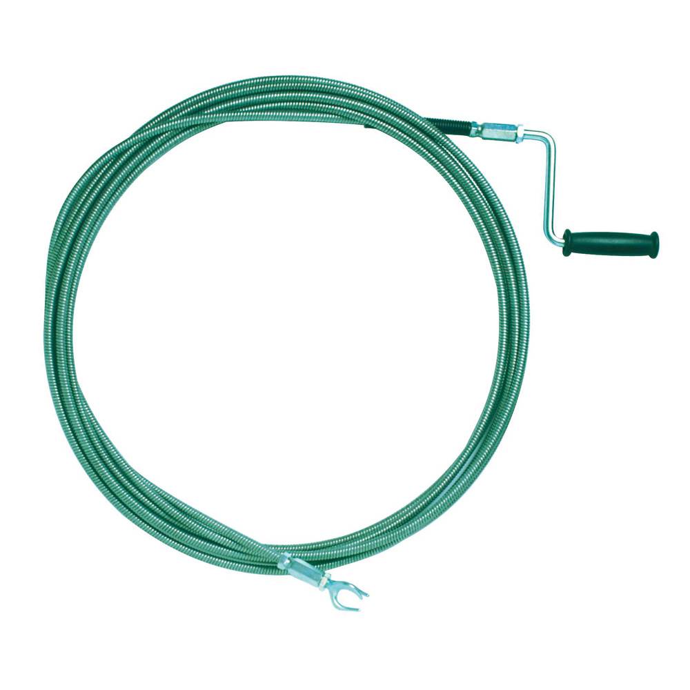 Ein manuelles Rohrreinigungsseil mit einer Metallspirale und einem Griff, das zum Entfernen von Verstopfungen in Abflüssen durch Beseitigung von Blockaden verwendet wird.
