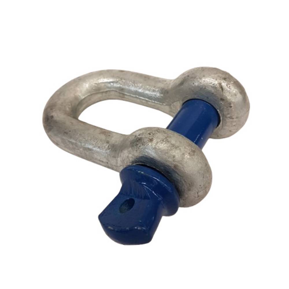 Ein silberner D-Schäkel mit blauem Bolzen zum Verbinden von Ketten oder Kabeln, der häufig in Rigger-, Abschlepp- und Hebeanwendungen eingesetzt wird.