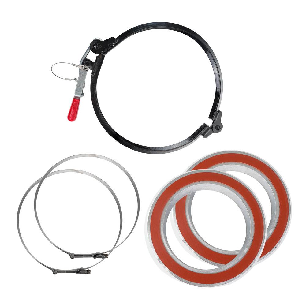 Ein Satz aus Metall- und Gummidichtungselementen, einschließlich verstellbarer Schellen und Silikon-Dichtungen, die für Befestigungs- und Abdichtungszwecke verwendet werden.