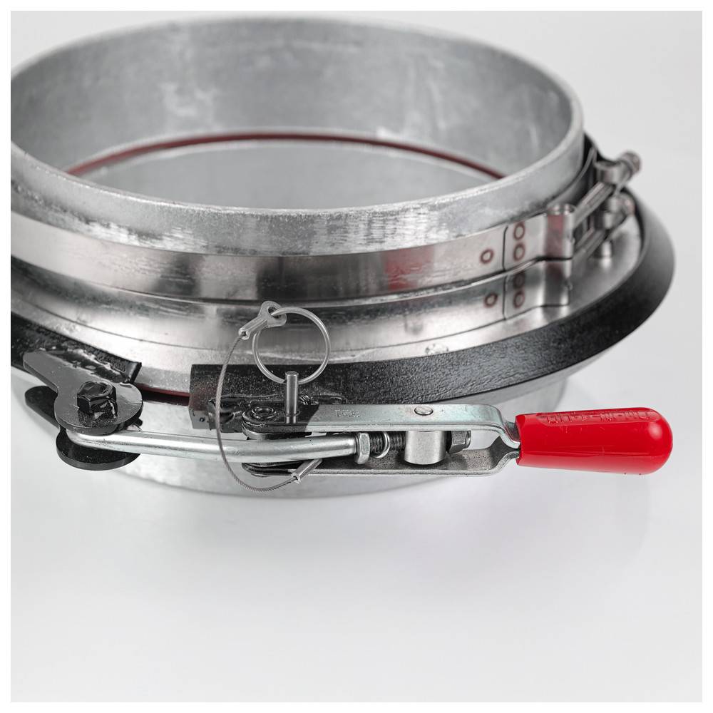 Metall-Dosenversiegler mit rotem Griff, der auf der Seite liegend seinen Klemmmechanismus und die Versiegelungskante präsentiert.