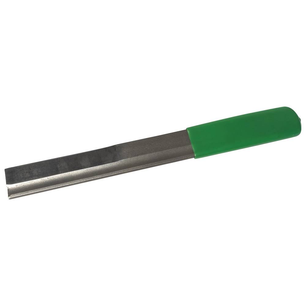 Eine lange Metallfeile mit einem grünen Kunststoffgriff, die zum Glätten oder Formen von Oberflächen verwendet wird.