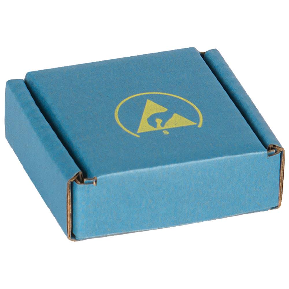 Blauer Pappkarton mit einem gelben Symbol auf dem Deckel, das ein Dreieck und ein Ausrufezeichen in einem Kreis zeigt und auf Vorsicht hinweist.