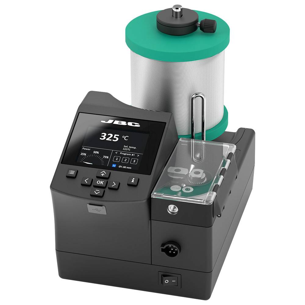 Ein schwarzes und türkisfarbenes elektronisches Gerät mit einer digitalen Anzeige, die '325' zeigt. Es besitzt einen zylindrischen Behälter und Tasten auf der Frontplatte.