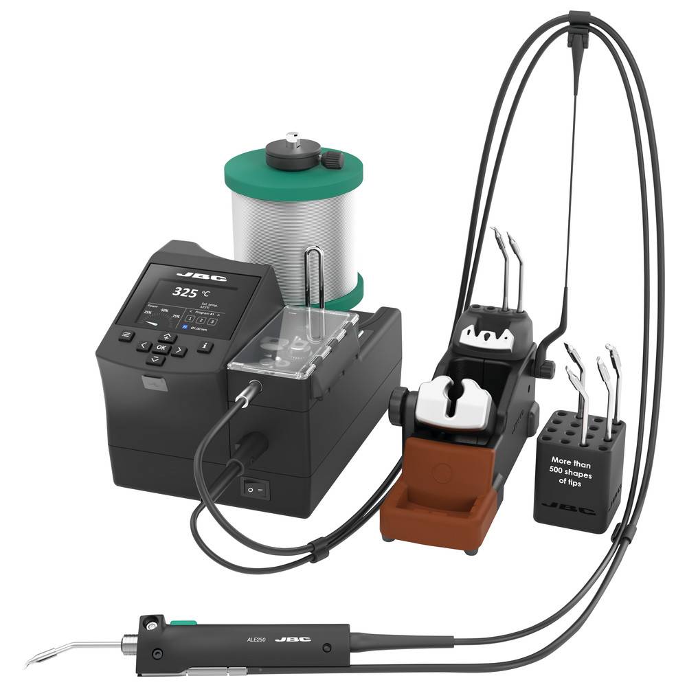 Lötstation-Einrichtung inklusive einer digitalen Steuereinheit, Lötkolben mit Ständer, Entlötpumpe und einem Spitzenhalter mit mehreren Lötspiitzen.