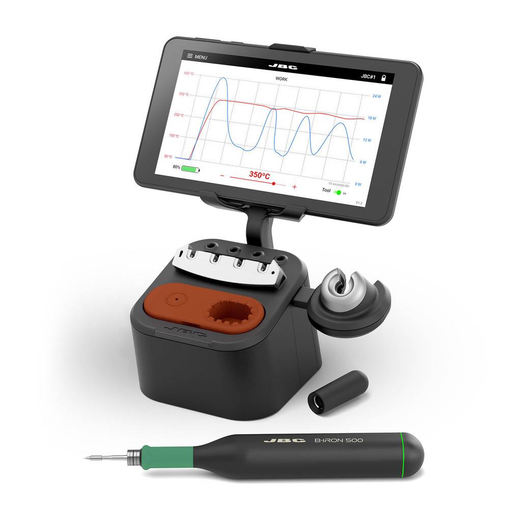 Eine Lötstation mit digitaler Anzeige, die Temperatur und Grafiken zeigt. Enthält ein Lötkolben, Halterung und Temperaturregelknopf.