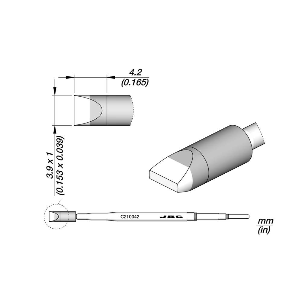 Lötspitzendarstellung mit Maßangaben: 4,2 mm Breite x 3,9 mm Höhe. Enthält Seiten- und Draufsicht, beschriftet mit ‚C210042' und ‚JBC'.