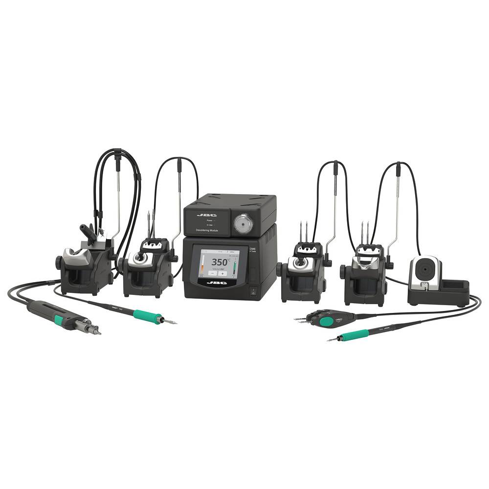 Aufbau der Lötstation umfasst verschiedene Lötutensilien und eine zentrale Steuereinheit, die auf ihrem Bildschirm '350' anzeigt.