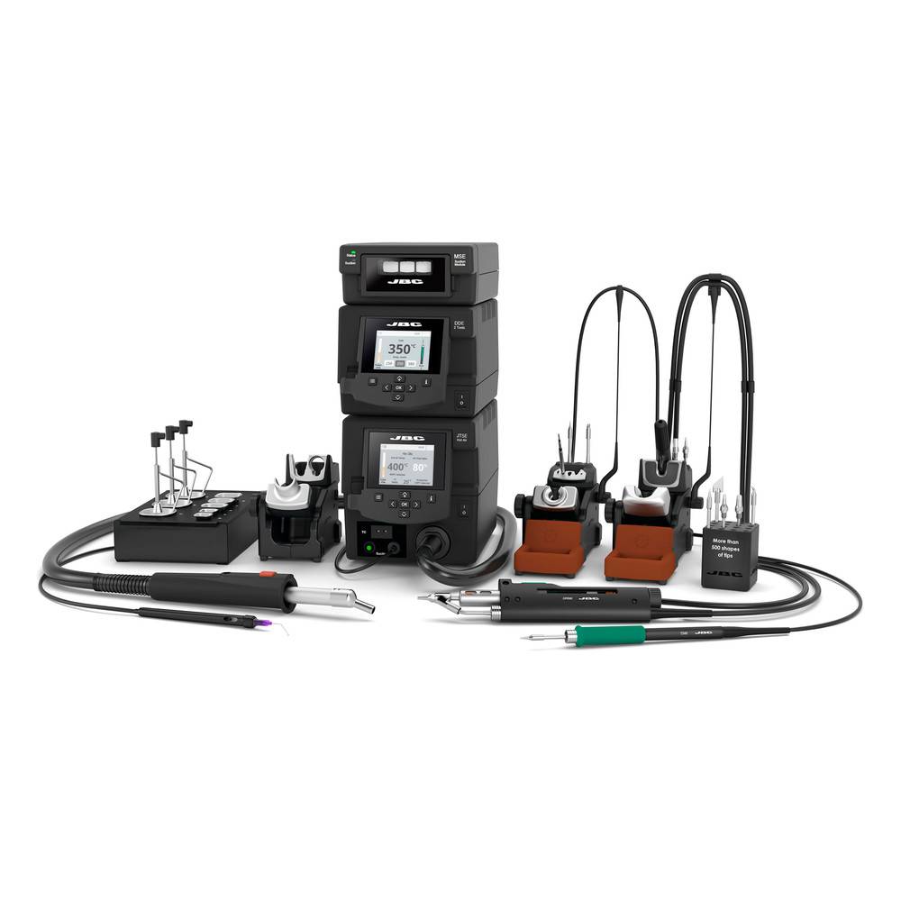 Eine Sammlung von Lösequipment, einschließlich Lötstationen, Werkzeugen und Zubehör, in organisierter Anordnung.