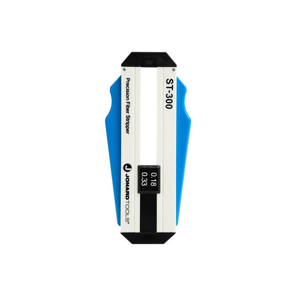 Präzisions-Glasfaserkabel-Abisolierwerkzeug mit der Bezeichnung 'ST-30' von Jonard Tools, mit elegantem Design und blauer Akzentuierung, zum Abisolieren von Glasfaserkabeln.