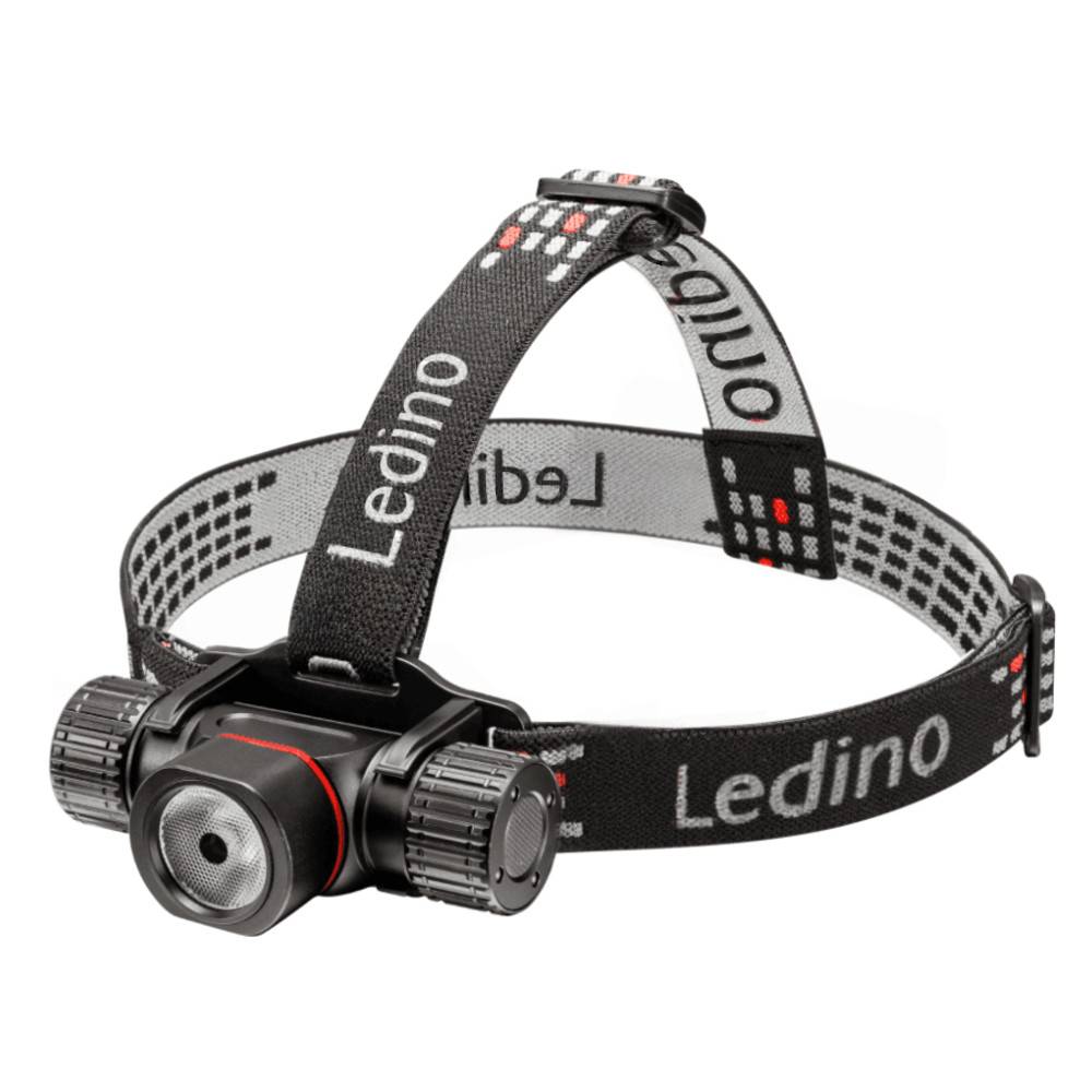 Eine schwarze Stirnlampe mit verstellbaren Trägern, beschriftet mit 'Ledino'. Ausgestattet mit einer nach vorne gerichteten Lichtquelle und seitlichen Einstellknöpfen.